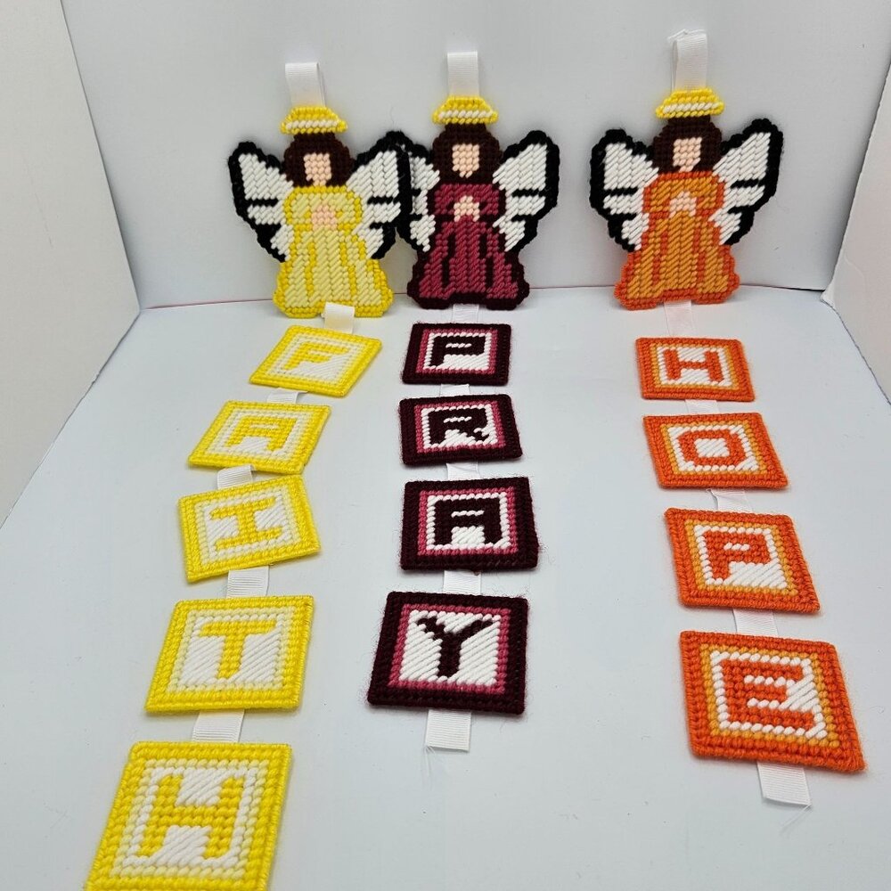 Handcrafted Cottagecore needlework wall decor angels with hope, faith and Pray